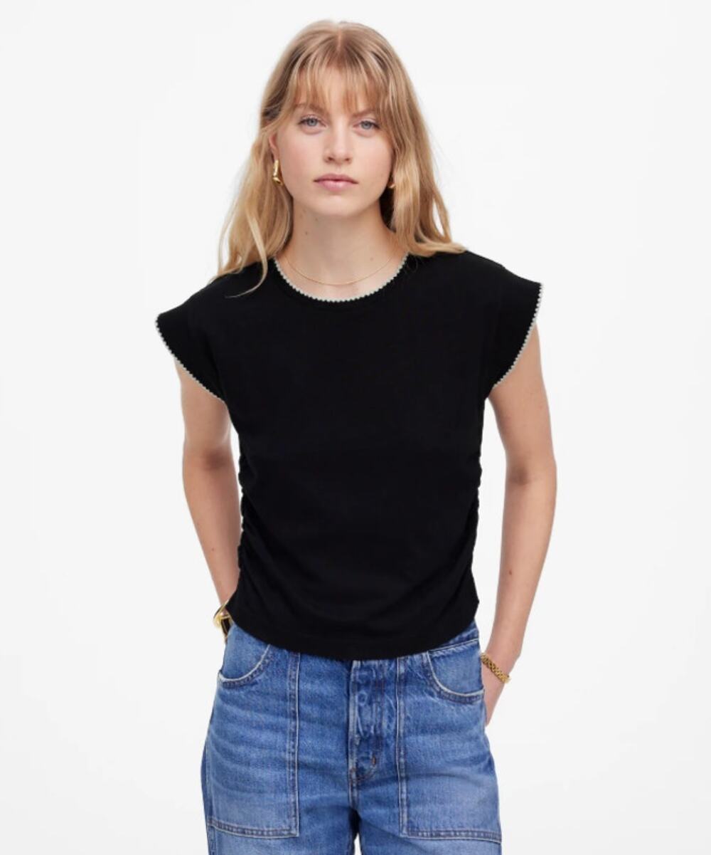 Madewell Sutro Muscle Tee WMNS S Side-Cinch Crew Neck Black Contrast Stitch Trim